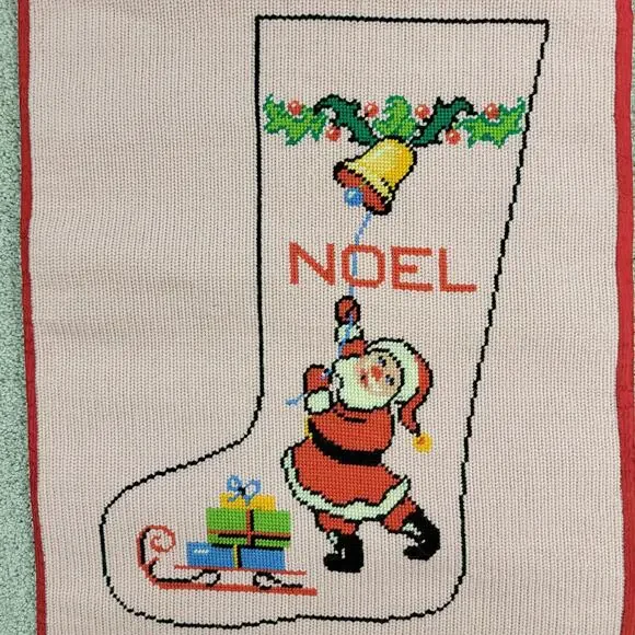 VTG Completed Needlepoint Christmas Stocking Kit Pink Wool Noel Santa Holiday
